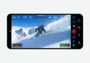 Android phone displaying the Blackmagic Camera recording interface