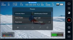 Blackmagic Camera presets menu over a snowboarding video preview