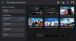 Blackmagic Camera project folder showing clips ready for cloud sharing