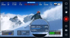 Blackmagic Camera recording screen with a cloud upload progress indicator