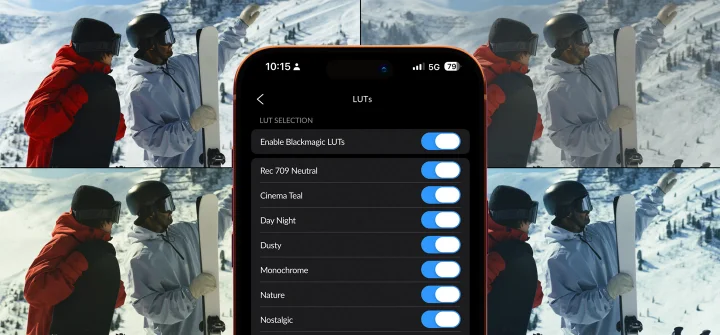 Blackmagic Camera LUT settings displayed over sample mountain footage