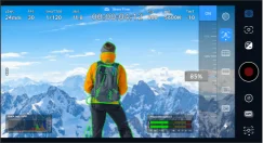 Blackmagic Camera preview with colored focus peaking on a mountain scene