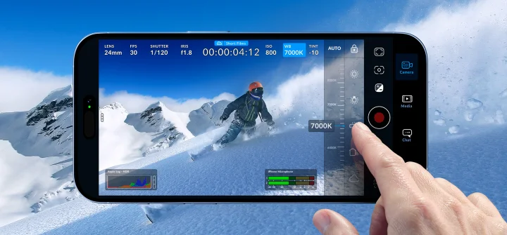 Person adjusting the Blackmagic Camera heads up display on a phone