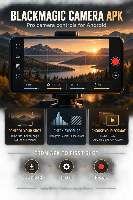 Blackmagic Camera APK infographic showing Android camera controls, recording formats, and installation steps